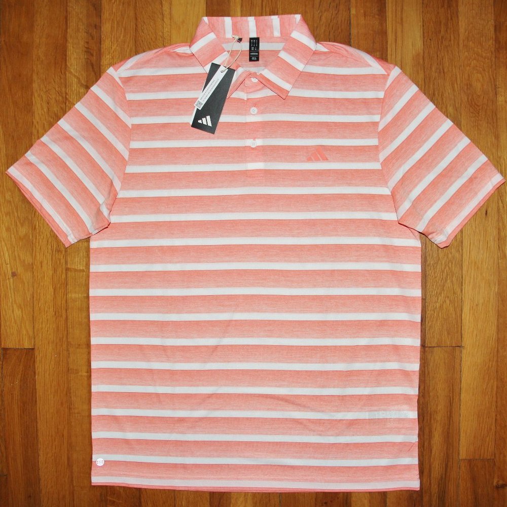 Adidas Two Color Striped Golf Polo Shirt Mens M L Coral Fusion White